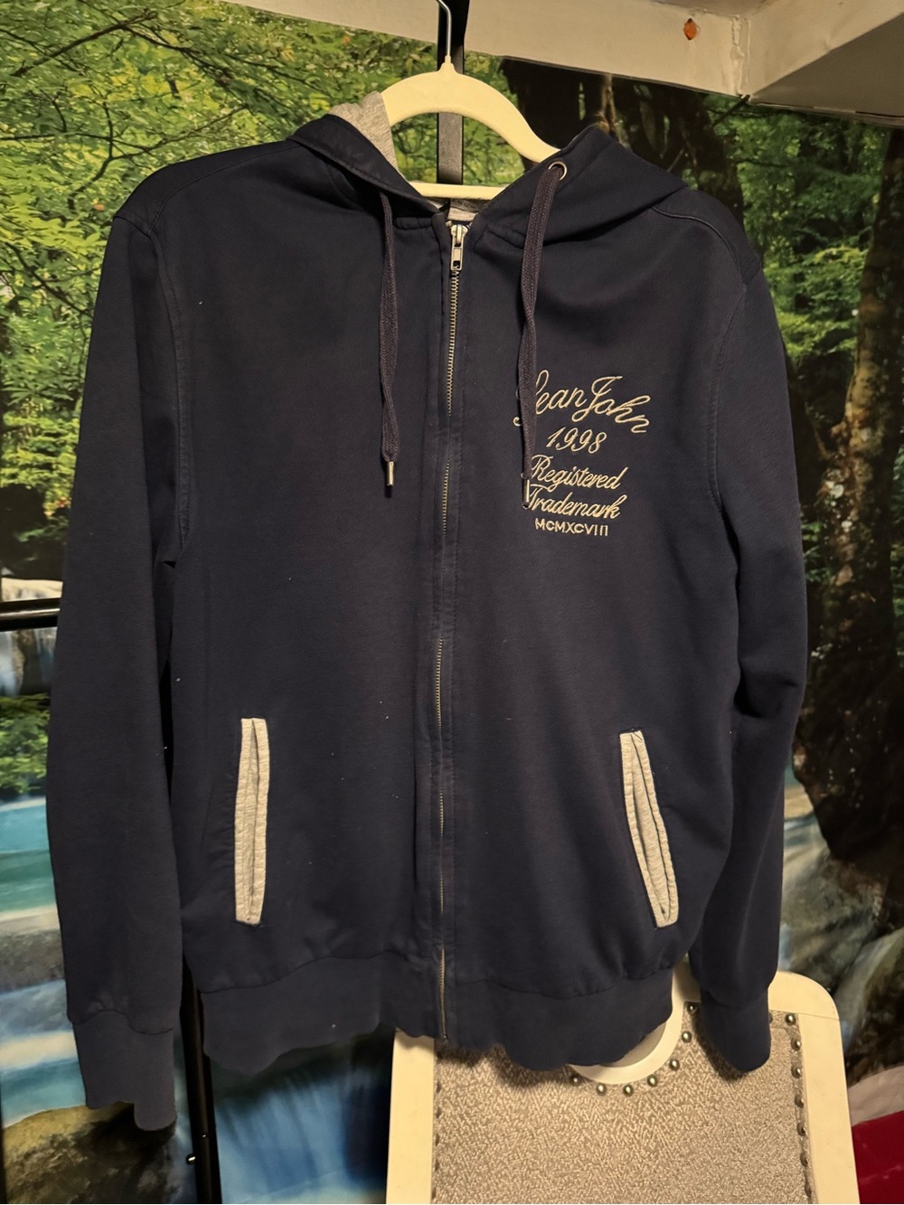 Vintage Sean Jean Navy Zip-Up Hoodie with Embroidered Chest Script